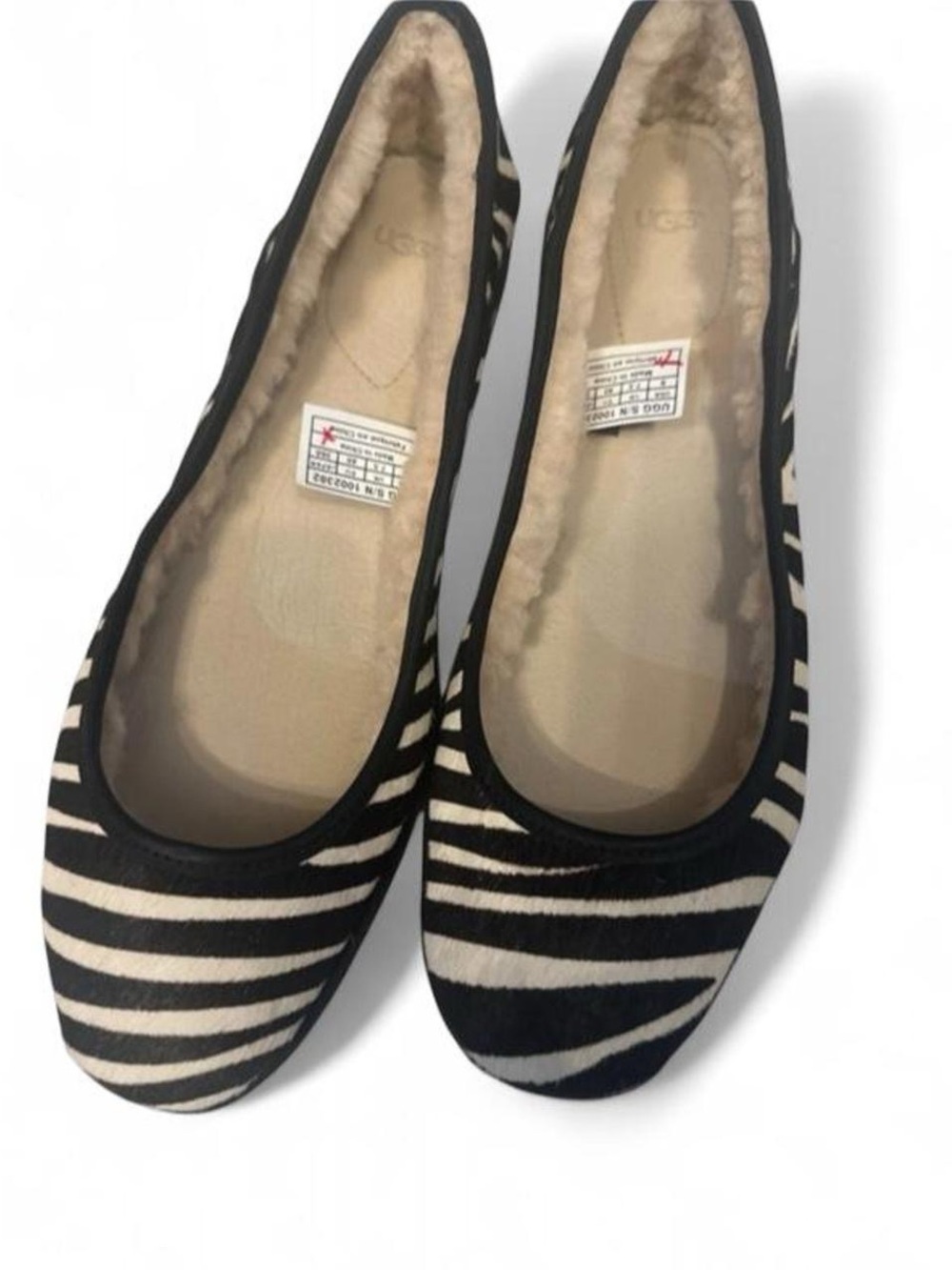 UGG black and white Zebra Pony Hair Sherpa Lined Ballet Flats Size 9